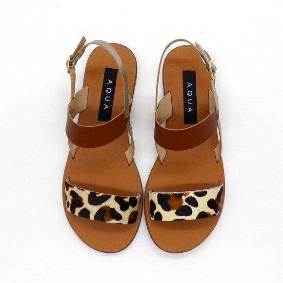 Bloomingdale's Aqua Flat Strappy Sandals Gold Brown Leopard Animal Print - Picture 4 of 7